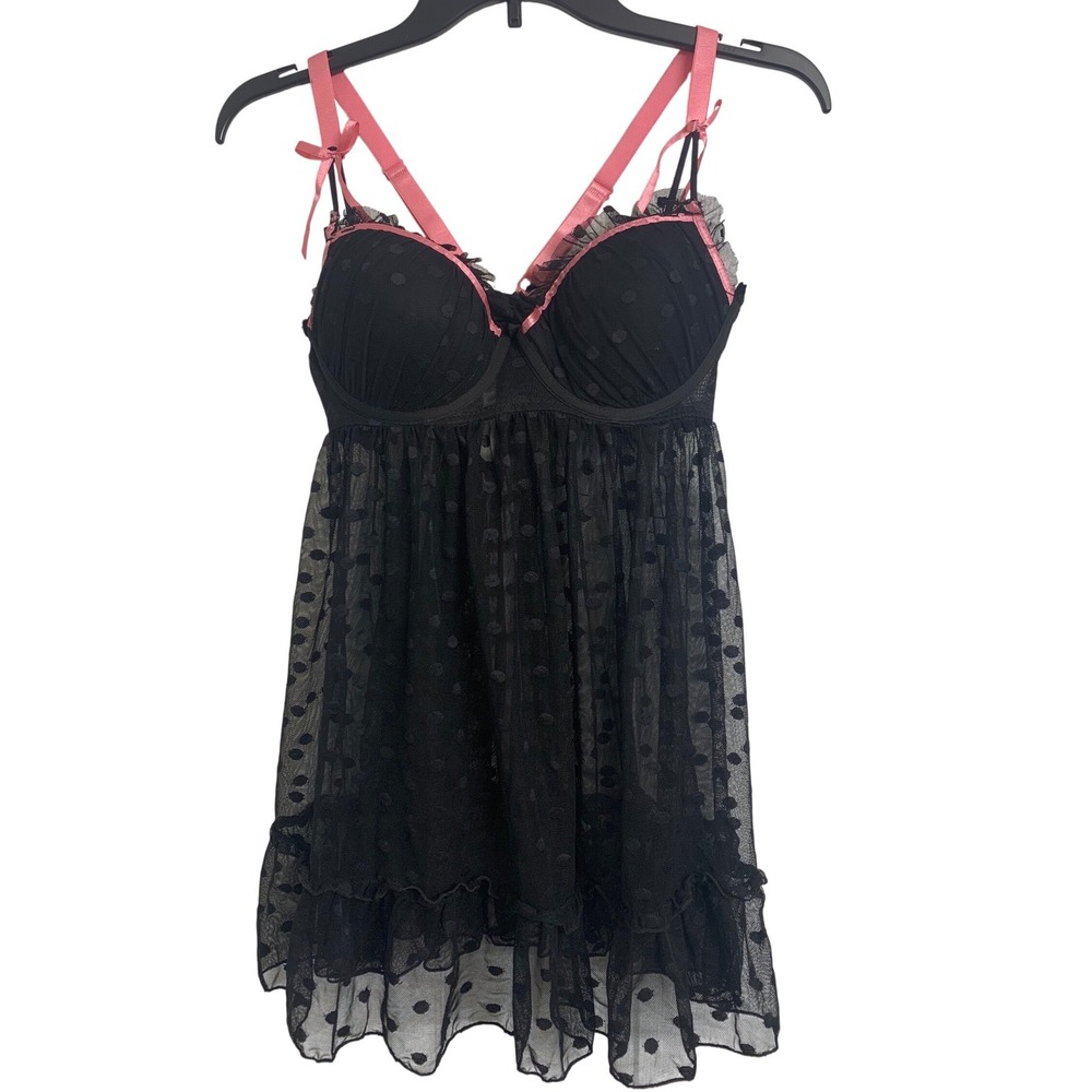 Frederick's of Hollywood Black Pink Polka Dot Mesh Babydoll Chemise‎ L